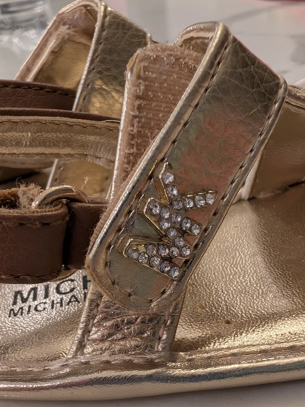 Michael Kors Metallic Gold & White Sandals with Brown Strap Baby Size 2 - Picture 3 of 11